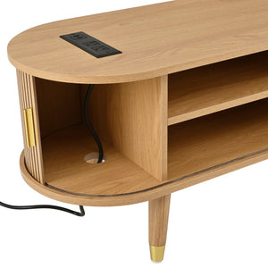 English Elm Wooden Fluted Tambour Media Console Mid Century Modern Tv Stand with Built in Charging Natural N721P428444L