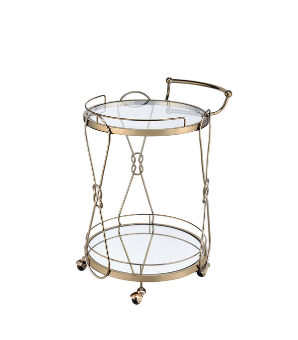 English Elm Zekera Champagne Round Serving Cart with Tempered Glass Top, Mirrored Shelf & Smooth Casters —Elegant Mobile Bar B2726P286820