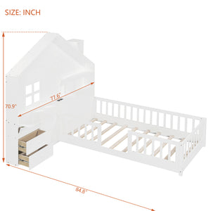 English Elm Twin House Bed Frame with Drawers Shelves and Usb Charging for Kids Bedroom LT000422AAK-1