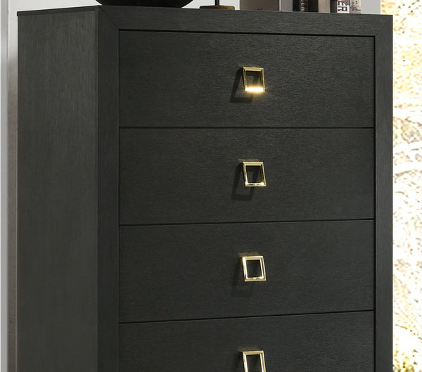 English Elm Modern Sleek 5-Drawer Chest with Gold Square Pulls and Metal Bracket Legs for Luxe Bedroom Storage Black 19 L x 34 W x 52 H B2741P370836