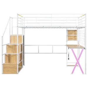 English Elm Full Full Size Metal Loft Bed with Built-In Desk, Wardrobe & Stair Storage, LED Lights, Space-Saving White GX000663AAK