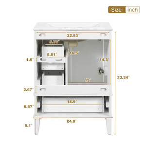 English Elm 24" Olive Bathroom Vanity Solid Wood Frame Ceramic Sink Gold Hardware Soft Close White N729P373276K