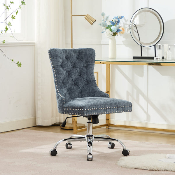 English Elm A&A Elegant Chenille Tufted Office Chair with Hand-Pulled Buttons, Nailhead Trim & Gold Chrome Base Light Blue W1143P366774