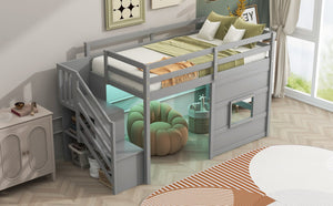 English Elm Twin Loft Bed Pinewood Frame with Storage Staircase Led Lighting and Window Cutout Gray GX000436AAE