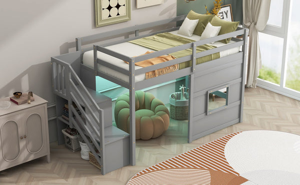 English Elm Twin Loft Bed Pinewood Frame with Storage Staircase Led Lighting and Window Cutout Gray GX000436AAE