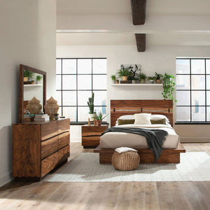 English Elm Beverly Queen Bedroom Set with Live Edge Headboard Walnut Veneer Floating Base B062S01709