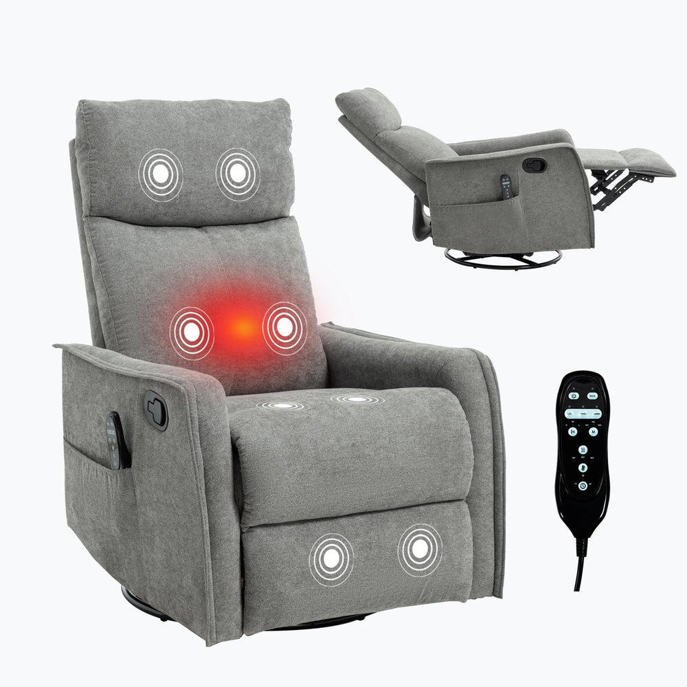 English Elm Heat Massage Rocker Swivel Recliner Fabric Chair with Lumbar Therapy for Living Room Grey W1803P362293
