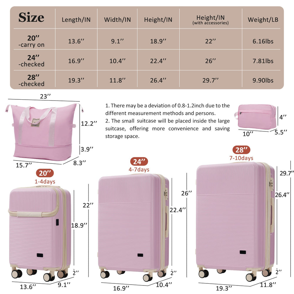 English Elm Luggage 5 Piece Hardside Abs Set with Front Access Carry on and Tsa Spinner Wheels Light Pink N732P391579U