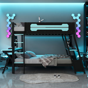 English Elm Full Size Gaming Bunk Bed with Dual Desks Usb Charging Ports and Pegboard Storage Blue LT000274AAC