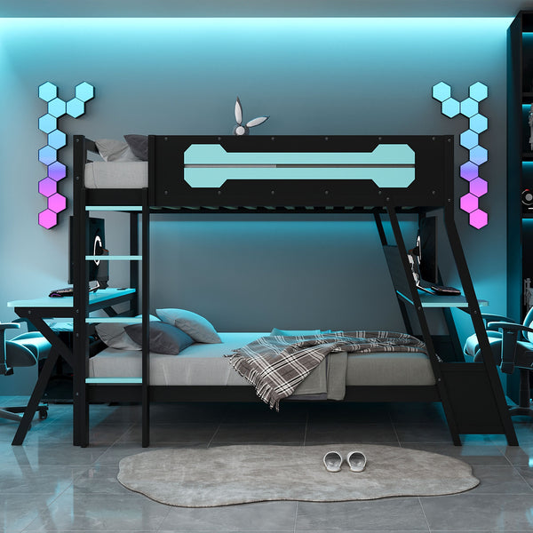 English Elm Full Size Gaming Bunk Bed with Dual Desks Usb Charging Ports and Pegboard Storage Blue LT000274AAC