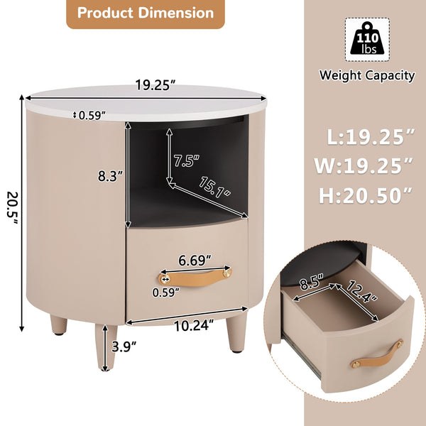 English Elm Christopher Knight Home® - Contemporary Round Nightstand with Drawer & Open Shelf, Curved Bedside Table with Leather Handles khaki 22 L x 22 W x 19.75 H N761P285708M