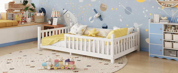 English Elm Twin Montessori Floor Bed House Frame with Led Lighting and Safety Rails for Kids White W2593P440571