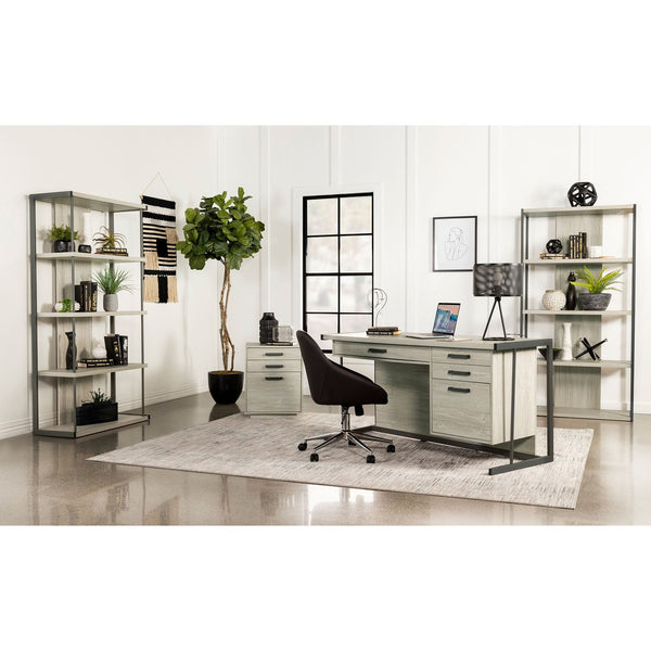 English Elm Brisley Weathered Whitewashed Grey Office Desk with Gunmetal Sled Base, 3-Drawer Ergonomic Storage (60") B062P333477