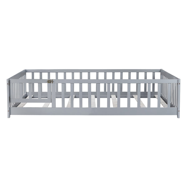 English Elm Twin Solid Rubberwood Floor Bed with Full Perimeter Safety Rails for Toddler Rooms Grey W504P296784