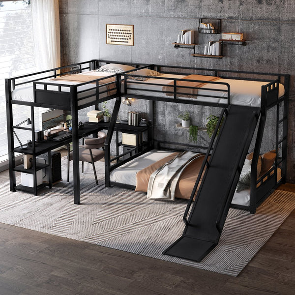 English Elm L-Shaped Metal Bunk Bed With Slide, Twin Loft, Desk & Storage Shelves - Space-Saving Design In Black! W1580S00278