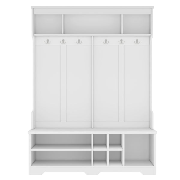 English Elm Modern Entryway Hall Tree with Six Hooks Bench Seat and Open Shoe Cubbies White W1580S00617