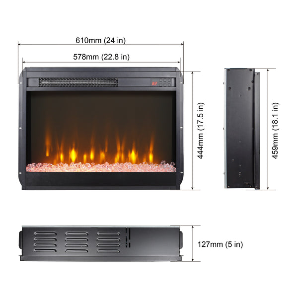 English Elm 23 Inch Slim Electric Fireplace Insert with Crystal Ember Bed Led Flame and Sidelights W1769110507