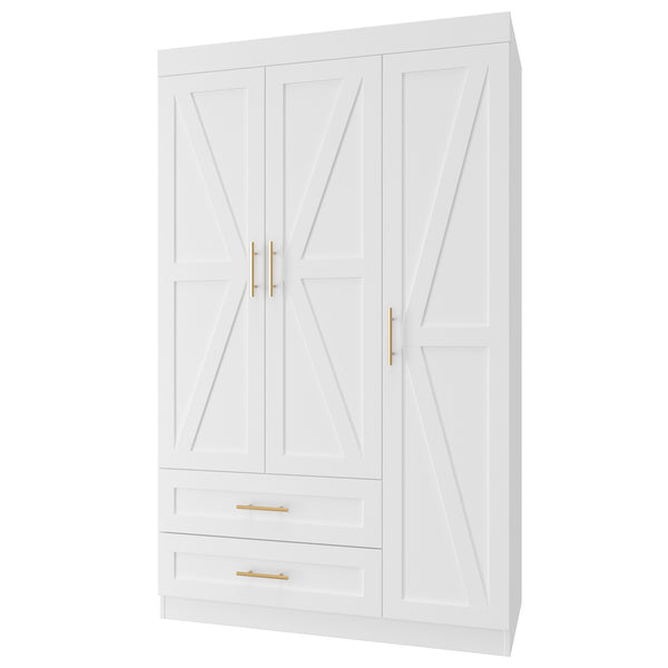 English Elm Shaker Three Door Wardrobe Armoire with Hanging Rod and Shelves for Bedroom White T3210S00005
