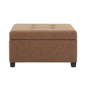 English Elm 35" Waffle-tufted Faux Leather Lift-top Ottoman with Hidden Storage and Birch Legs N767P356738B