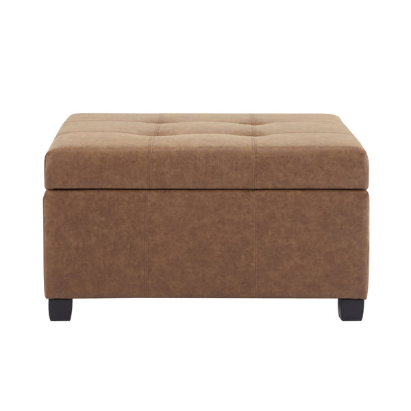 English Elm 35" Waffle-tufted Faux Leather Lift-top Ottoman with Hidden Storage and Birch Legs N767P356738B
