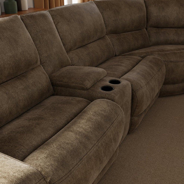 English Elm 6-Piece Performance Fabric Power Reclining Sectional with USB Charging, Hidden Console, Cup Holders Brown B339S00002