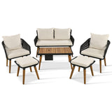 English Elm K&K 6-Piece Rope Patio Furniture Set, Outdoor Furniture With Acacia Wood Cool Bar Table With Ice Bucket , Deep Seat Patio Conversation Set With Two Stools For Backyard Porch Balcony (Black & Beige)