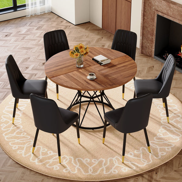 English Elm Table and Chair Set Round Walnut Mdf Dining with Six Two-tone Pu Seats Gold Legs Walnut+Black W1151S04838