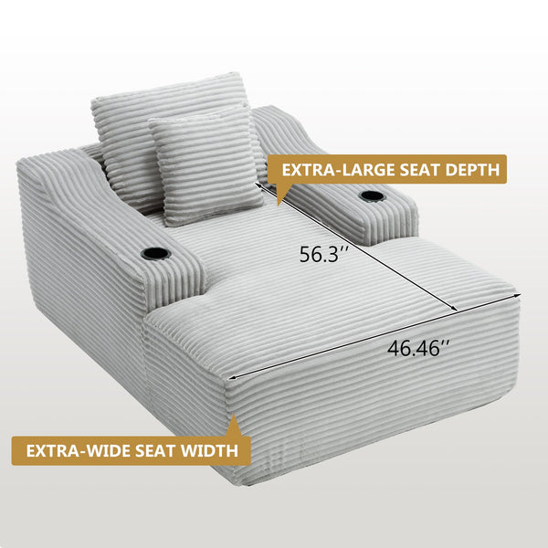 English Elm 67" Corduroy Oversized Chaise Sleeper Sofa Deep Seat Boneless Lounge with Cup Holder Pillows Light Grey W1803P409264