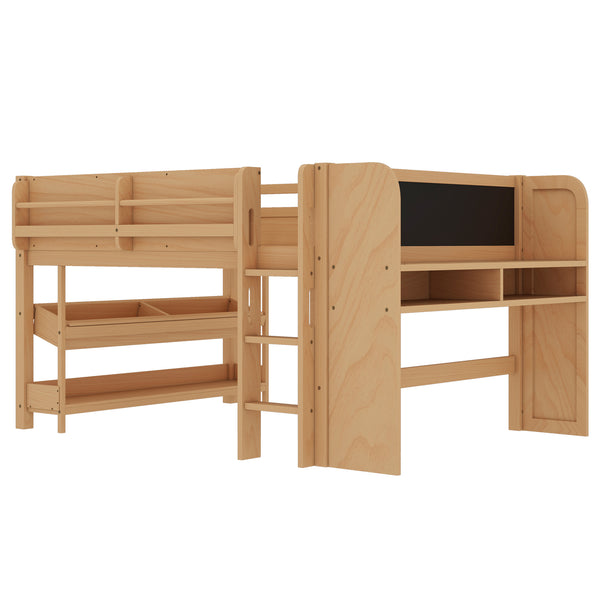 English Elm Twin Low Loft Bed Solid Pine Frame Kids Study Desk Blackboard Storage White W1580S00571
