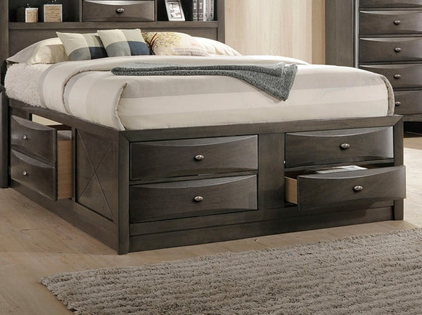 English Elm Contemporary Eastern King Size Bed With Headboard Bookcase & Storage Drawers In Elegant Gray Finish B2741S00564