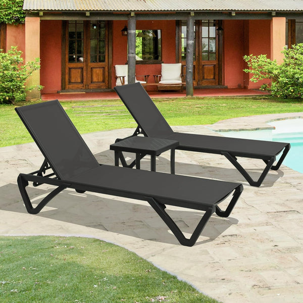 English Elm Pool Aluminum Chaise Lounger Set of 2 with Side Table, Weatherproof Textilene, Adjustable Recline, Wheels Dark Gray W1859P396088