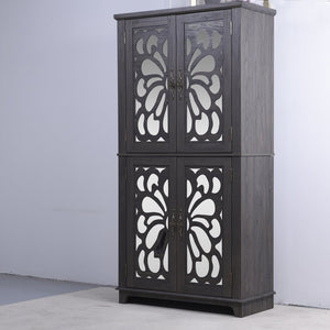 English Elm 67.4"h Mirrored Corner Cabinet Carved Butterfly Doors Adjustable Shelves Entryway Storage Dark Brown W2899P374347