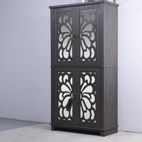 English Elm 67.4"h Mirrored Corner Cabinet Carved Butterfly Doors Adjustable Shelves Entryway Storage Dark Brown W2899P374347