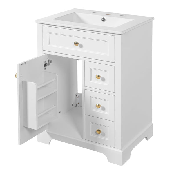 English Elm "24'' 24 Inch Glossy Freestanding Bathroom Vanity with Gold Hardware and Soft Close Storage White Pinewood N725P375495K