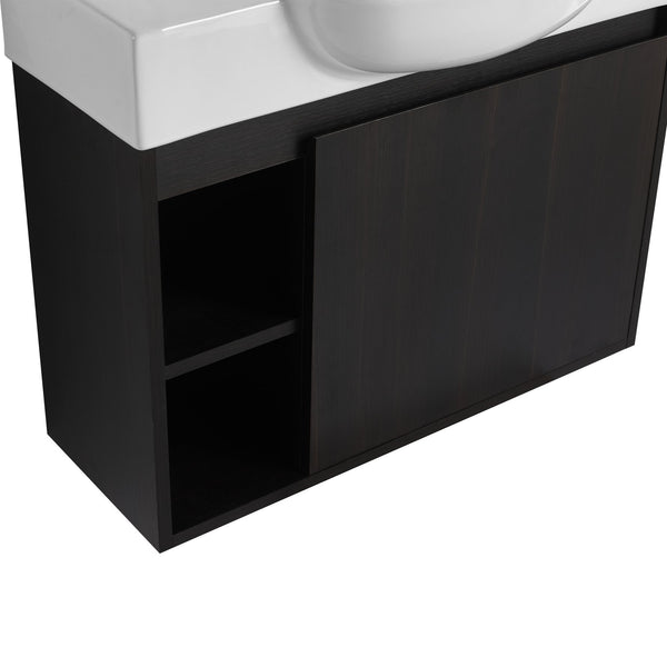 English Elm 26'' Wall-Mounted Bathroom Vanity with Glossy White Ceramic Sink, Soft-Close Door & Waterproof Finish Dark Oak W999P310759