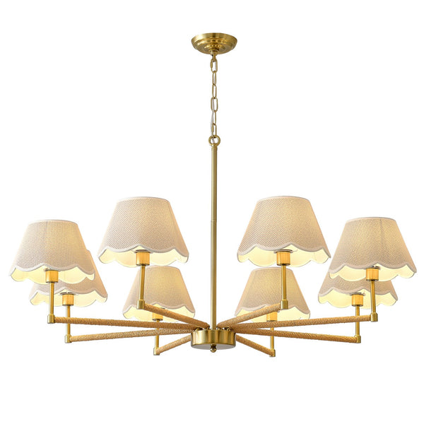 English Elm 8-light Gold Rope Wrapped Fabric Shade Chandelier for Dining and Living Rooms W5008P391581