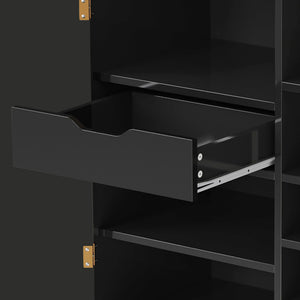 English Elm Modern Fluted Bar Cabinet with Wine Rack Glass Holders Adjustable Shelving and Hidden Drawer Black N728P438606B