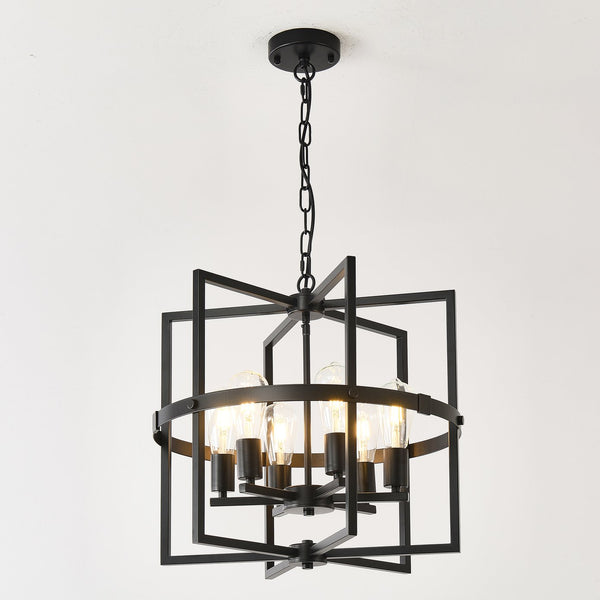 English Elm 6-light Matte Black Tiered Lantern Chandelier Industrial Farmhouse Foyer Pendant W5008P464229