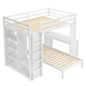 English Elm Full Solid Wood Loft Bed with Removable Lower Bed, Built-In Desk, Shelves & Wardrobe for Space-Saving Designs White W1580S00211