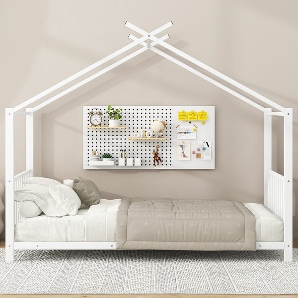 English Elm Twin Metal House Platform Bed with Slat Kit for Kids Sleepovers Sturdy Frame Elegant Silhouette 63.8"H White MF322835AAK