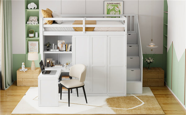 English Elm Full Size Loft Bed with Wardrobe Desk and Shelving for Modern Teen Bedroom White LT000679AAK-1