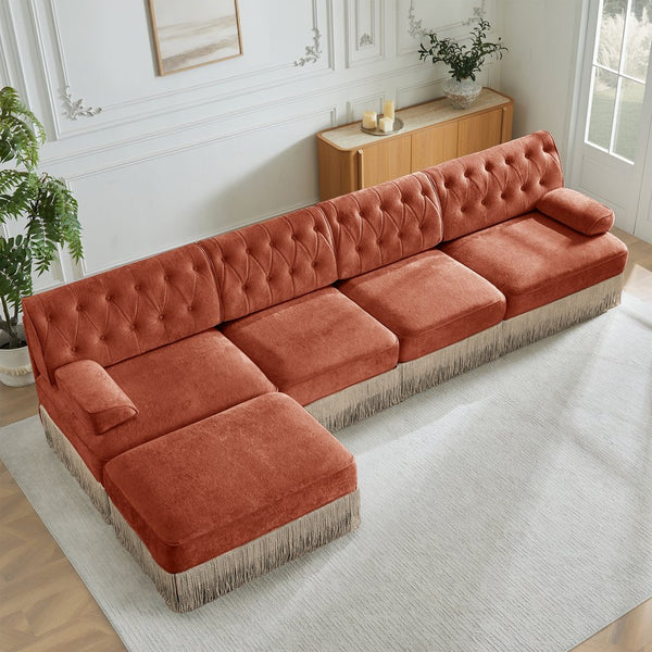 English Elm 135" Chesterfield Velvet Sectional with Tufted Back Tassel Skirt and Modular Living Room Design Red+Brown W714S01726