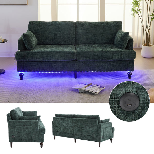 English Elm Modern chenille 2-seater sofa with LED lighting, USB charging, storage pocket, sturdy wood legs Emerald W395P318546