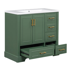 English Elm 36-inch Green Traditional Bathroom Vanity with Resin Sink, 2 Doors 4 Drawers, Gold Handles, Soft-Close hinges, 36"W x 18"D x 34"H SV000026AAF