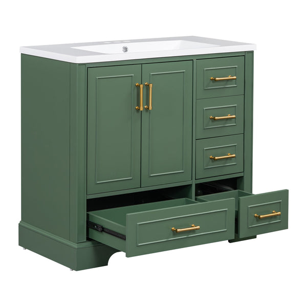 English Elm 36-inch Green Traditional Bathroom Vanity with Resin Sink, 2 Doors 4 Drawers, Gold Handles, Soft-Close hinges, 36"W x 18"D x 34"H SV000026AAF