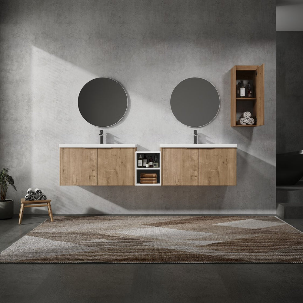 English Elm 84" Wall-Mounted Bathroom Vanity With Soft-Close Doors & Resin Sinks - Modern Storage Solution! W999S00230