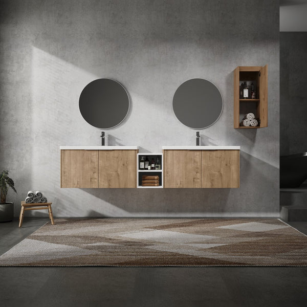 English Elm 84" Wall-Mounted Bathroom Vanity With Soft-Close Doors & Resin Sinks - Modern Storage Solution! W999S00230