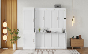 English Elm Queen Murphy Wall Bed with Integrated Desk Gas Strut Lift White Cabinet for Small Spaces W504S00271