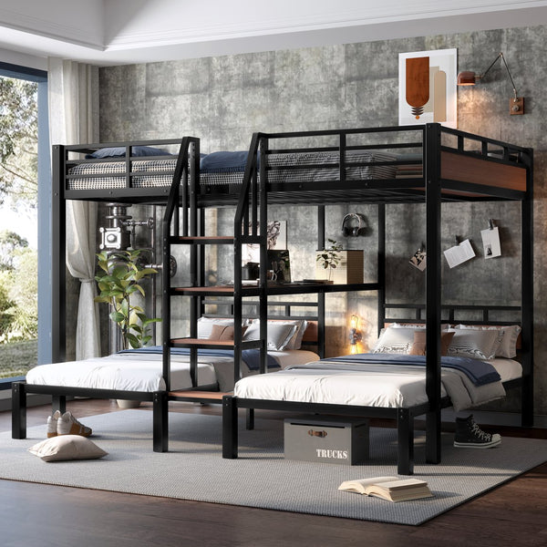 English Elm Twin Triple Bunk Bed Black Metal Frame with Built-in Storage Stairs and Shelves W1580S00620