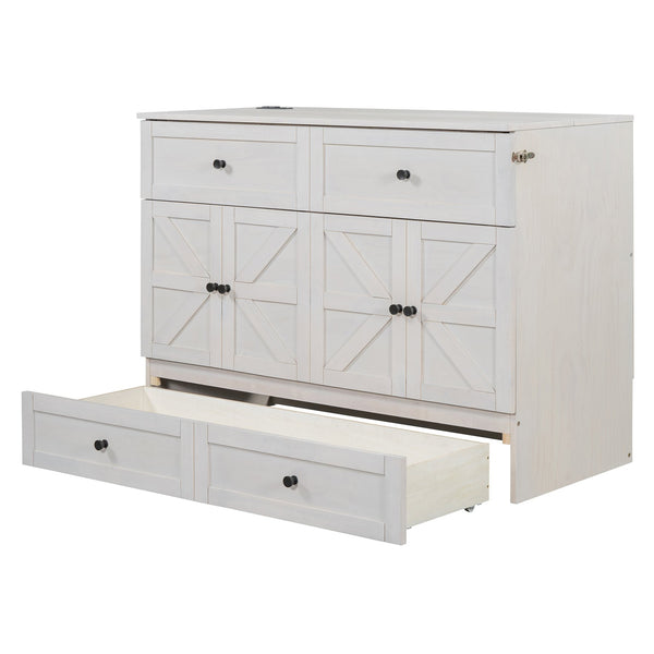 English Elm Full Size Murphy Bed Rattan Cabinet with Storage Drawers and Gold Hardware N708S00005AAK